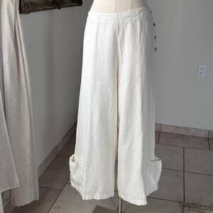 Linen Lagenlook Pants Wide Leg Button Detail Ankle USA Women L Bryn Walker